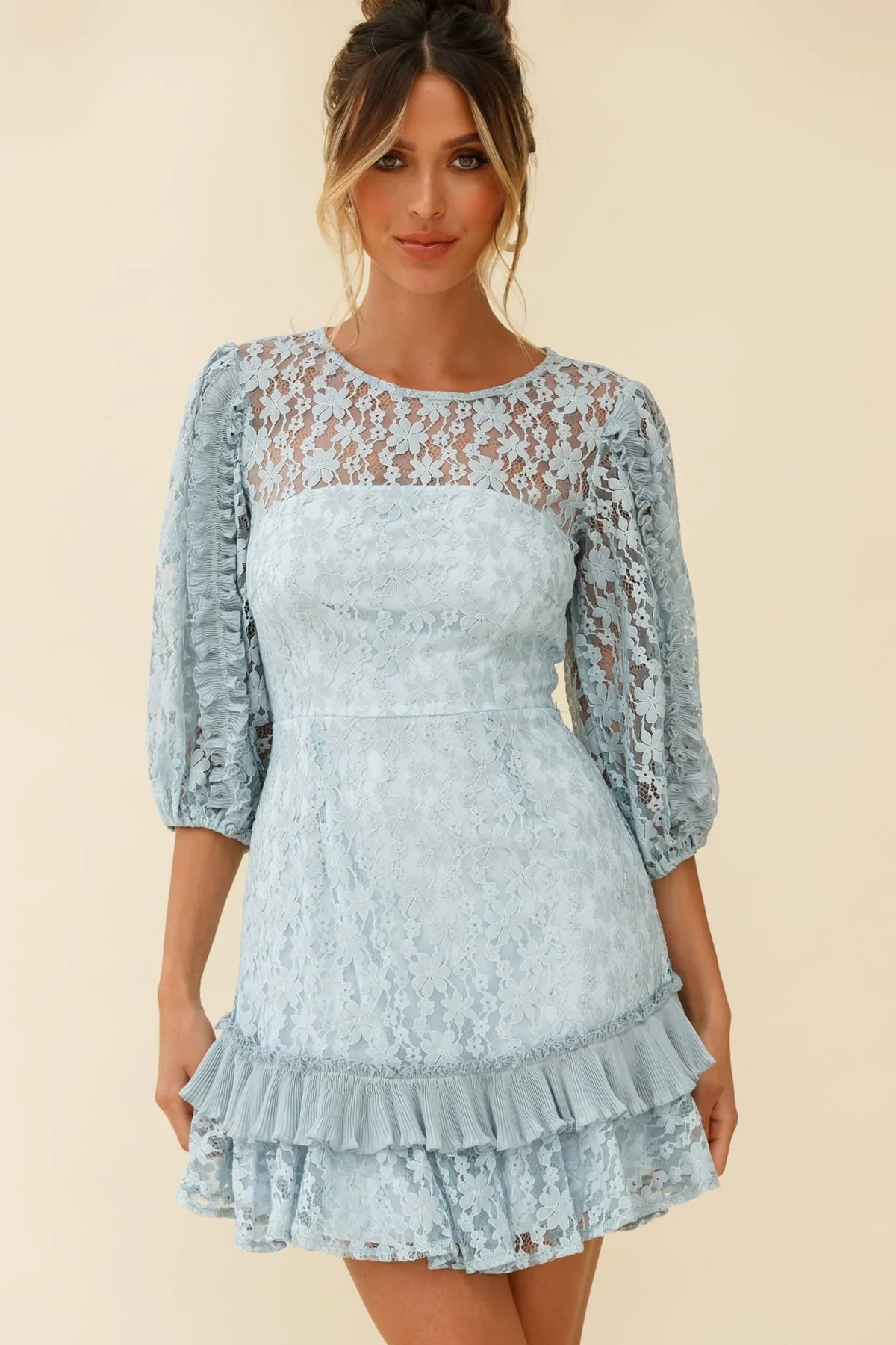 Home Again Three-Quarter Sleeve Lace Dress Blue