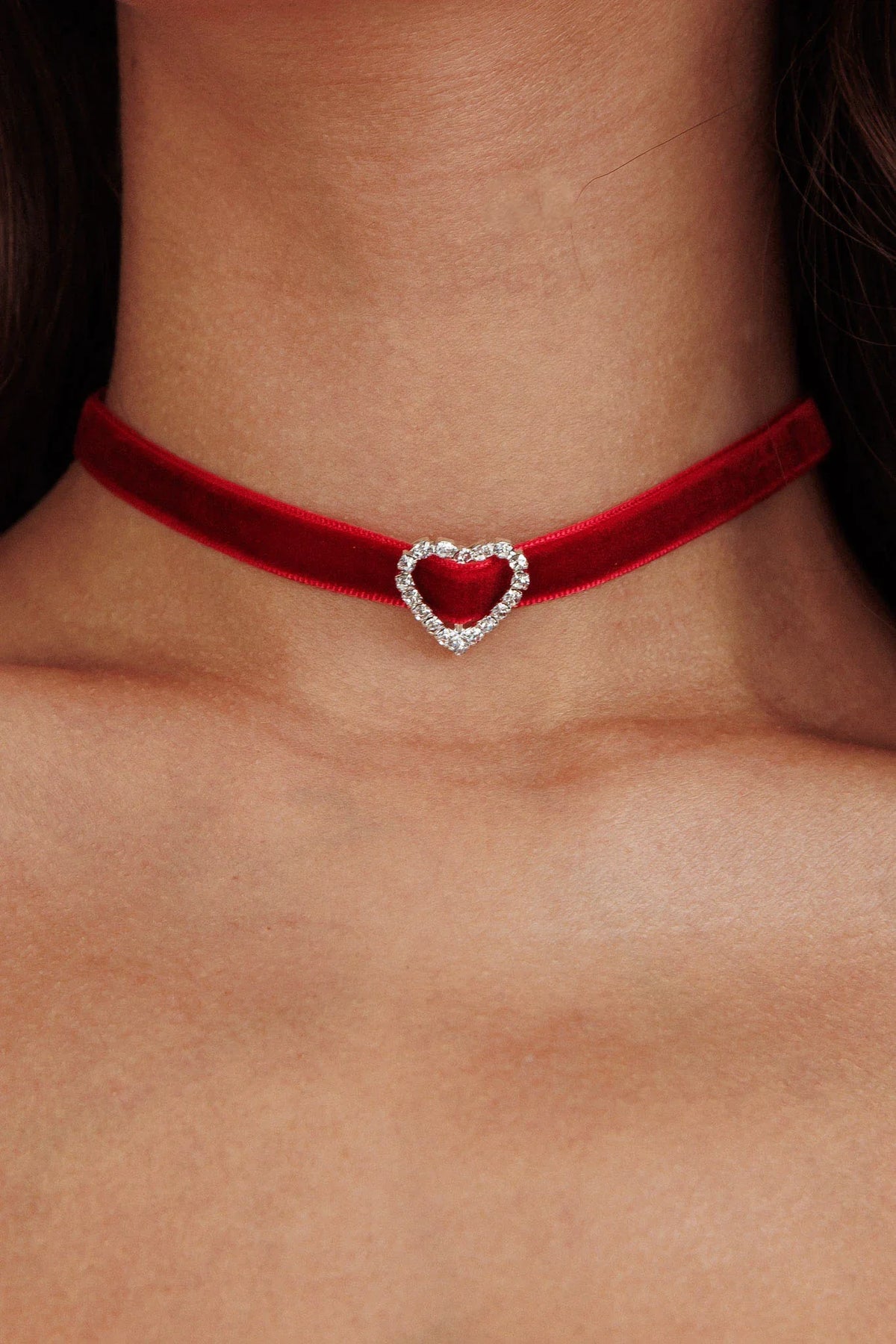 Lola Diamante Heart Velvet Choker Necklace Red
