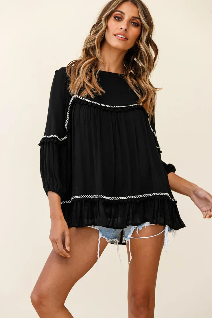 Marionette Three-Quarter Sleeve Pom-Pom Top Black