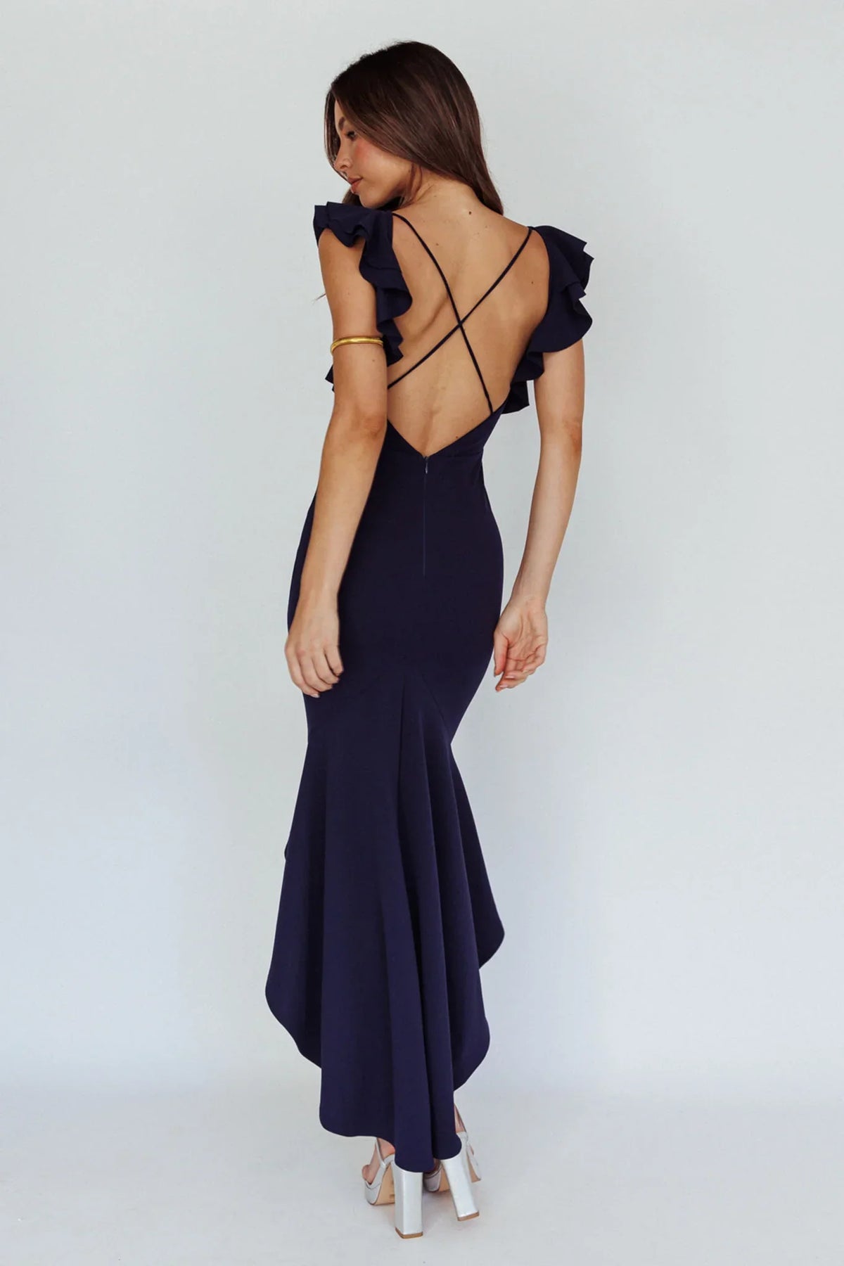 Pearl Ruffle Strap High-Low Hem Dress Navy