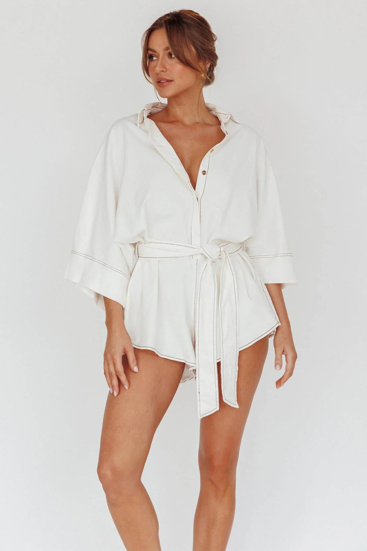 Daytona Beach Long Sleeve Shirt Romper White