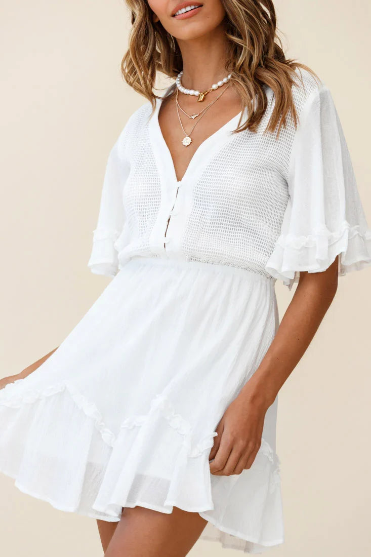 Play It Again Bust Placket Mesh Detail Dress White