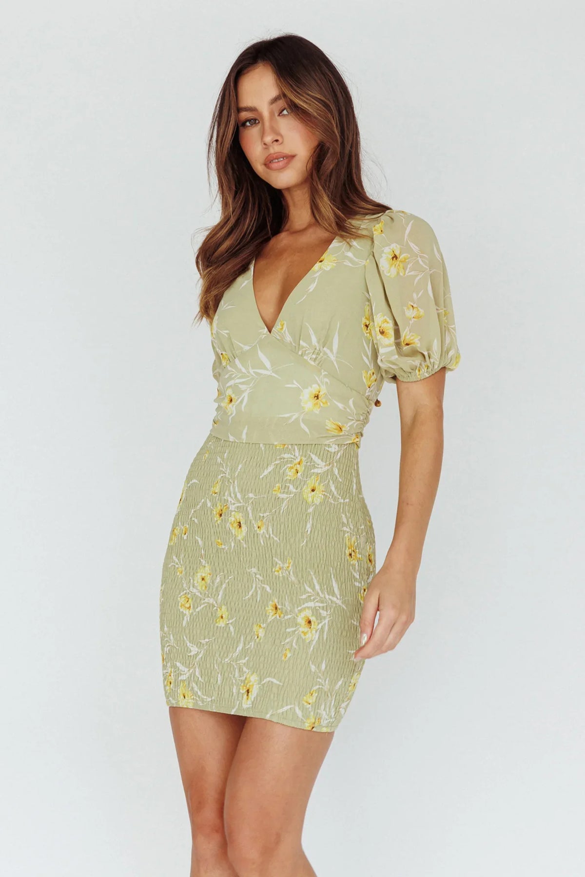 La Nena Shirred Mini Dress Floral Green