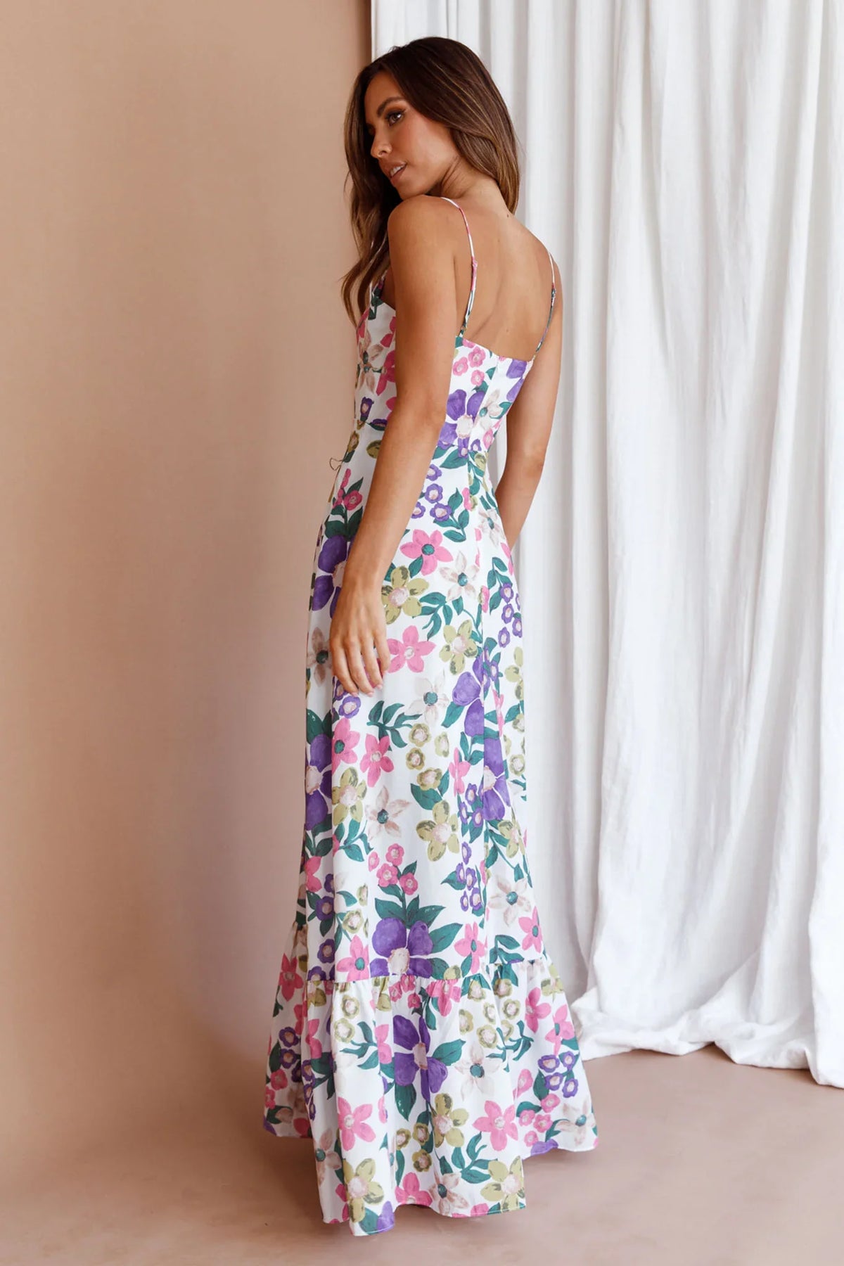 Beachside Flounce Hem Maxi Dress White Floral