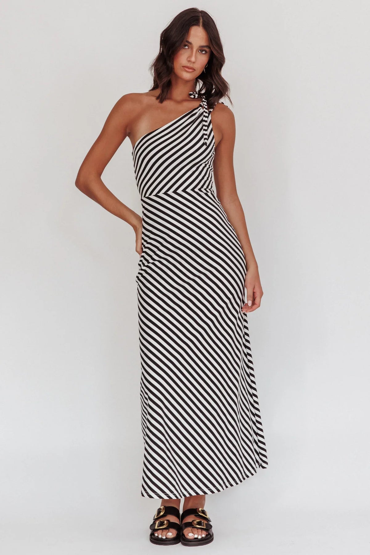 Ocean Road Tied One-Shoulder Maxi Dress Stripe Black