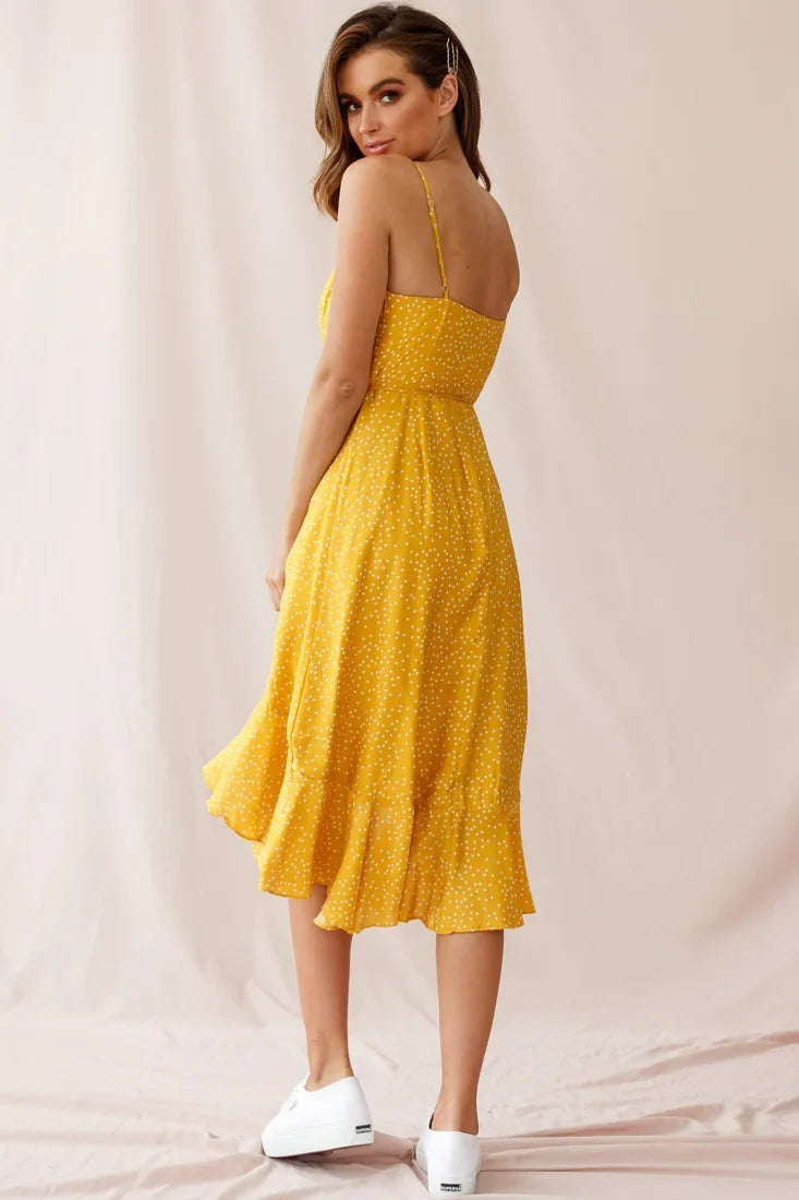 Blessed Wrap Ruffle Hem Midi Dress Dot Print Mustard