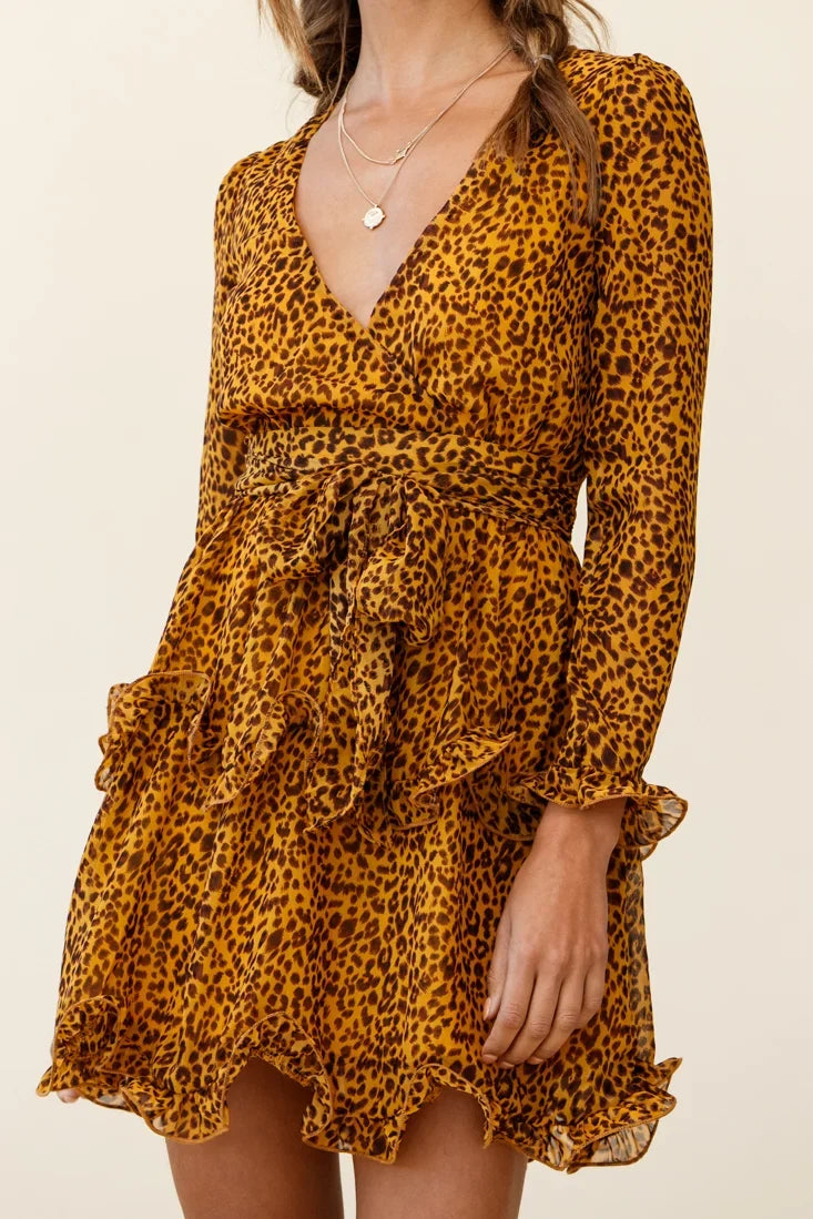 Greta Tiered Ruffle Chiffon Dress Animal Print Mustard