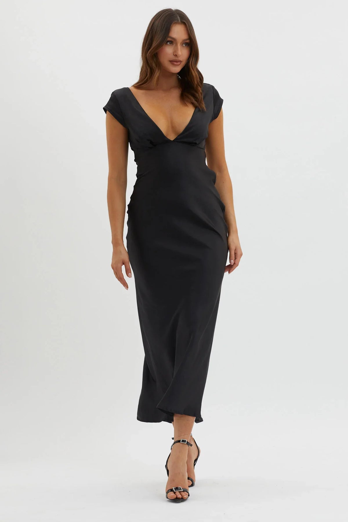Lucinda V-Neck Twist Back Midi Dress Black
