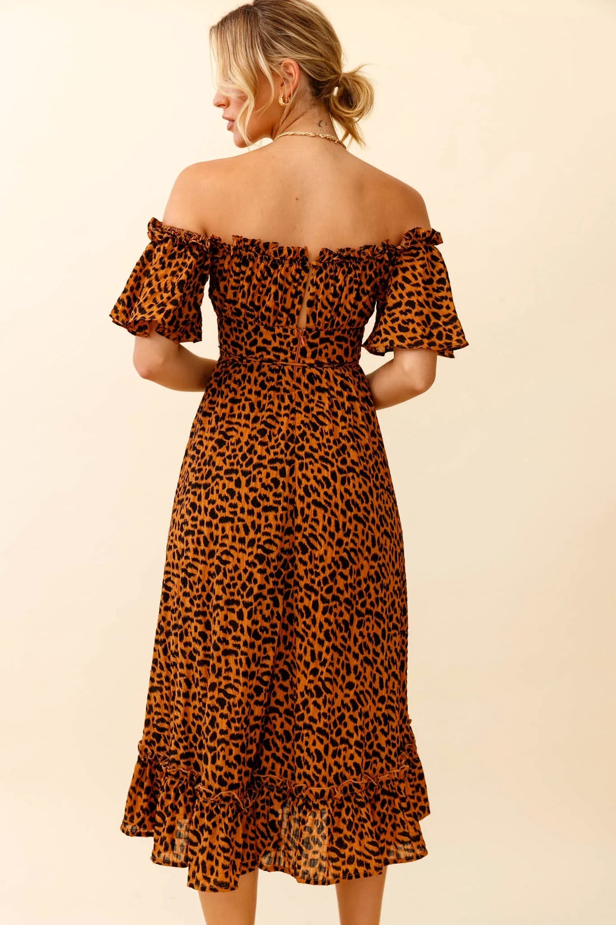 Voyager Off-Shoulder Bell Sleeve Midi Dress Leopard Print Brown