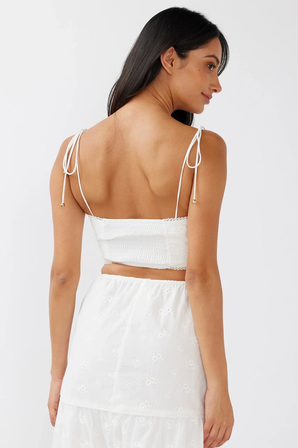 Gracelyn Tied Shoulder Embroidery Crop Top White