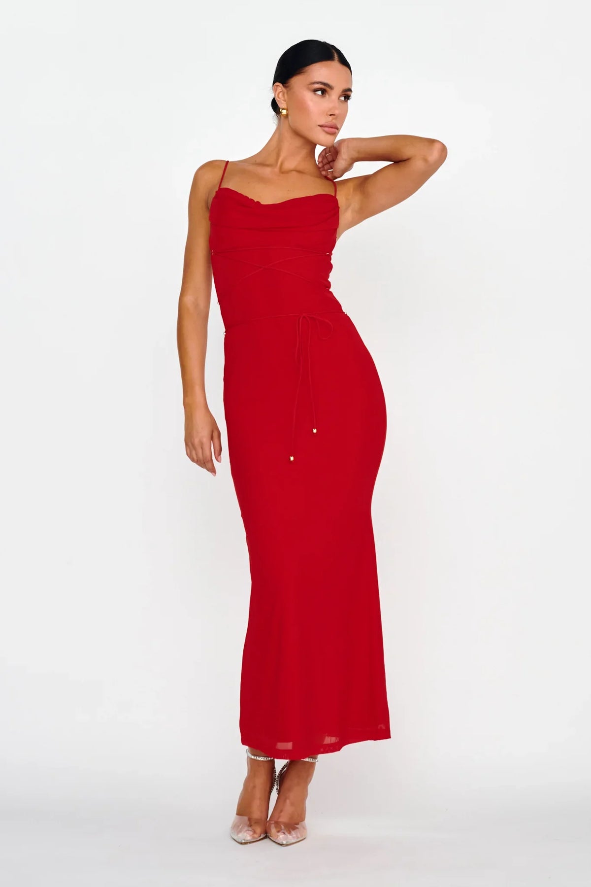 Teava Laced Waist Maxi Dress Red