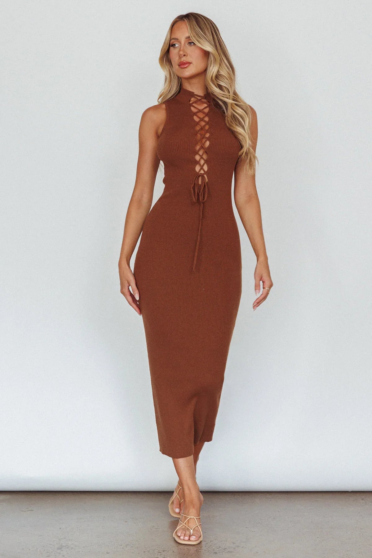 Brand New Day Lace-Up Bust Knit Midi Dress Chocolate