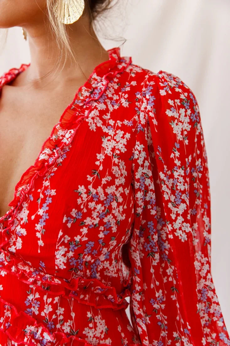 Laney Cutout Back Ruffle Detail Floral Dress Red
