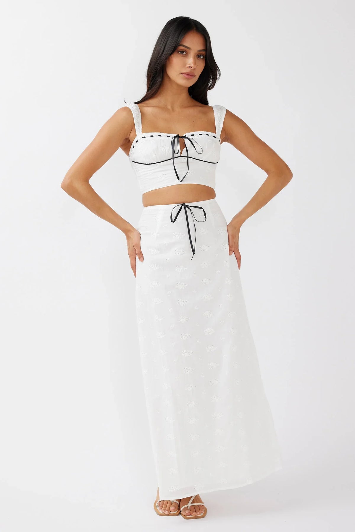 Helga Eyelet Embroidery Bow Crop Top White