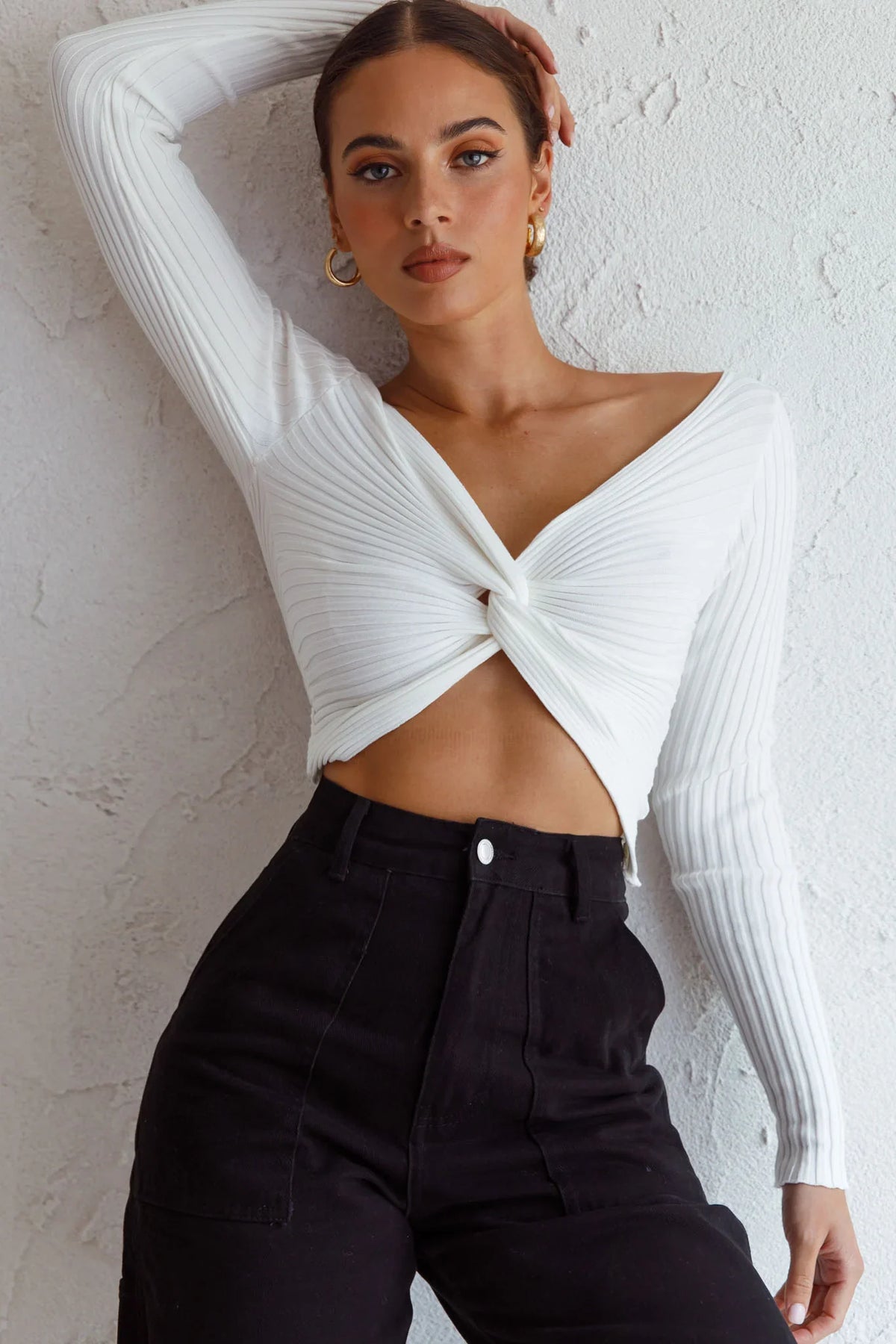 Dream Weaver Long Sleeve Twist Bust Crop Top White