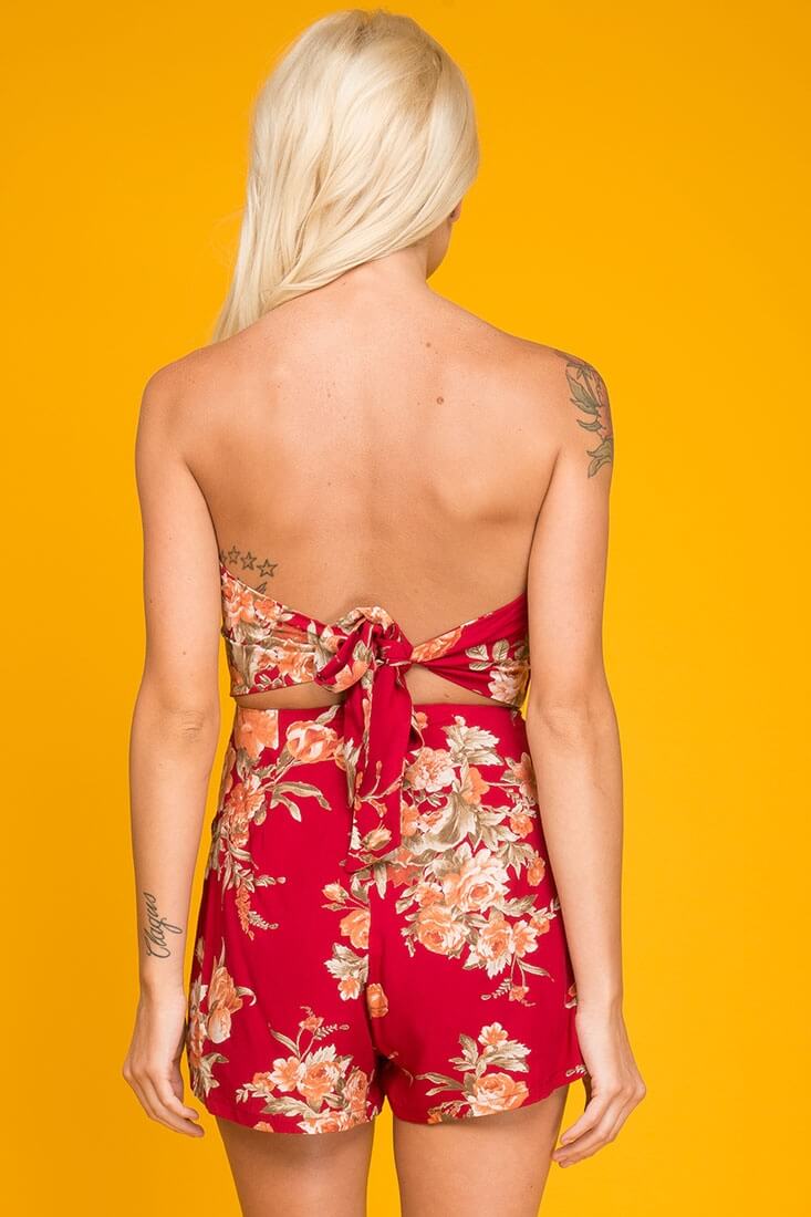 Claire Open Back Floral Romper Red