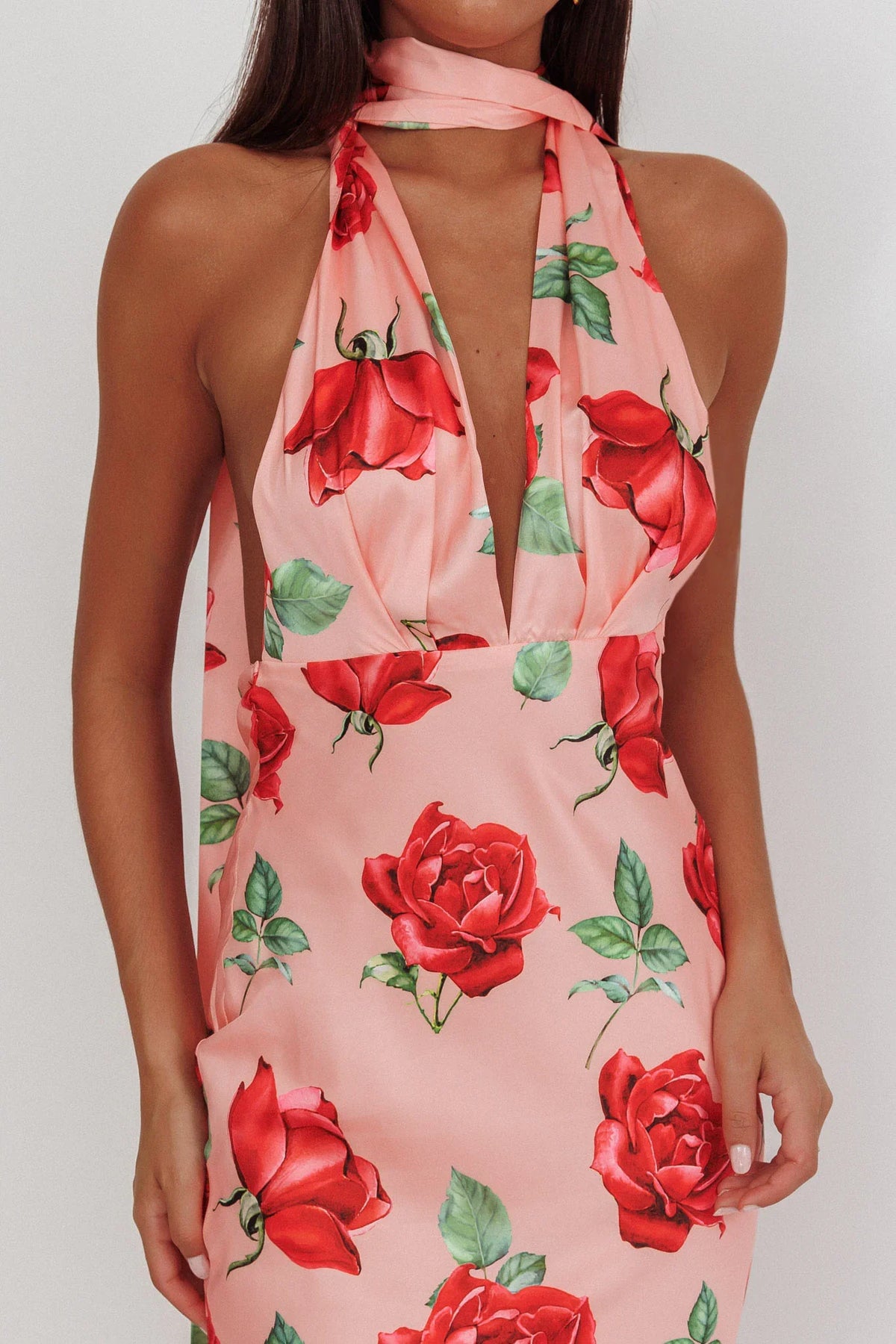 Italia Azure Halterneck Maxi Dress Rose