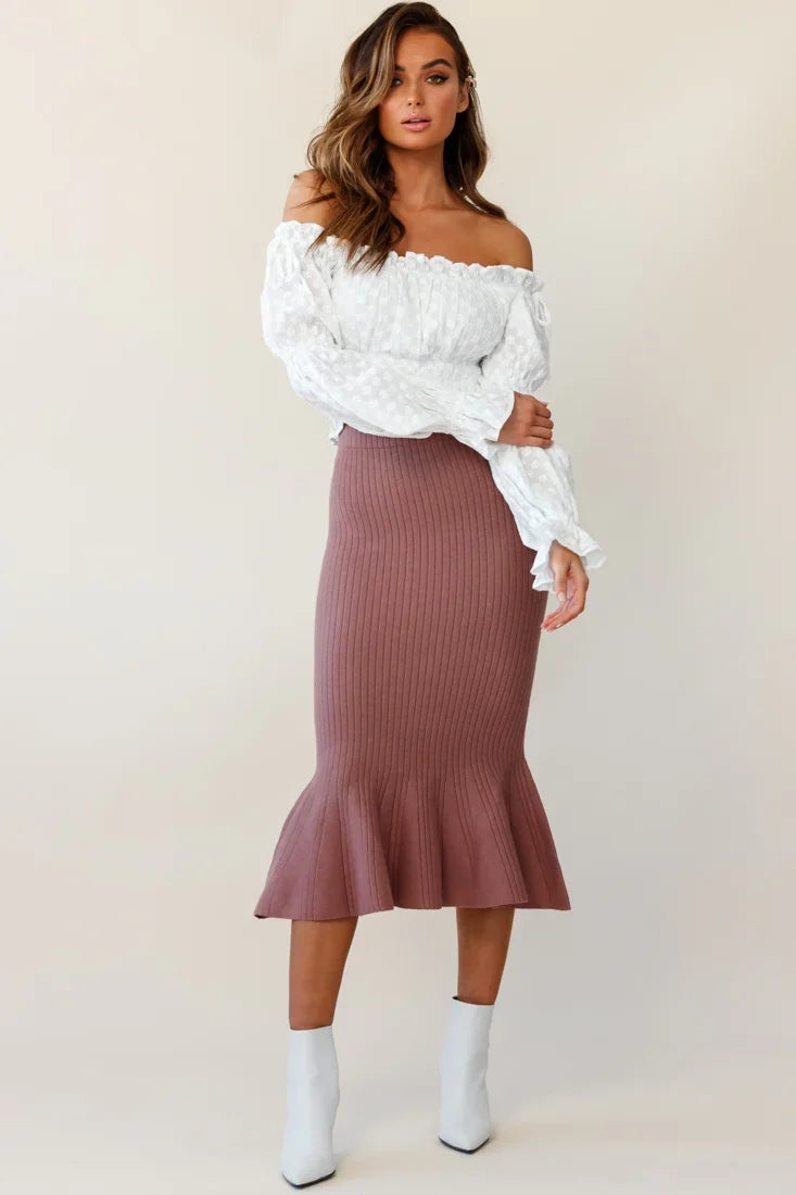 Shalon Ribbed Knit Fluted Hem Midi Skirt Antique Rose