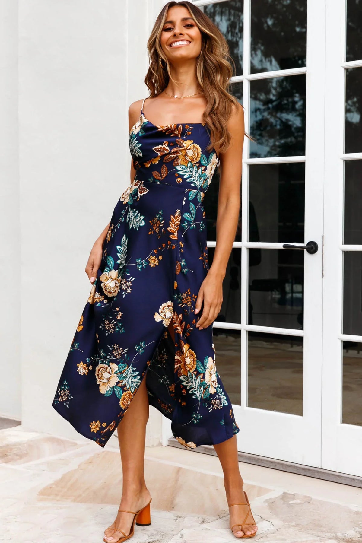 Suki Front Split Midi Dress Oriental Floral Print Navy