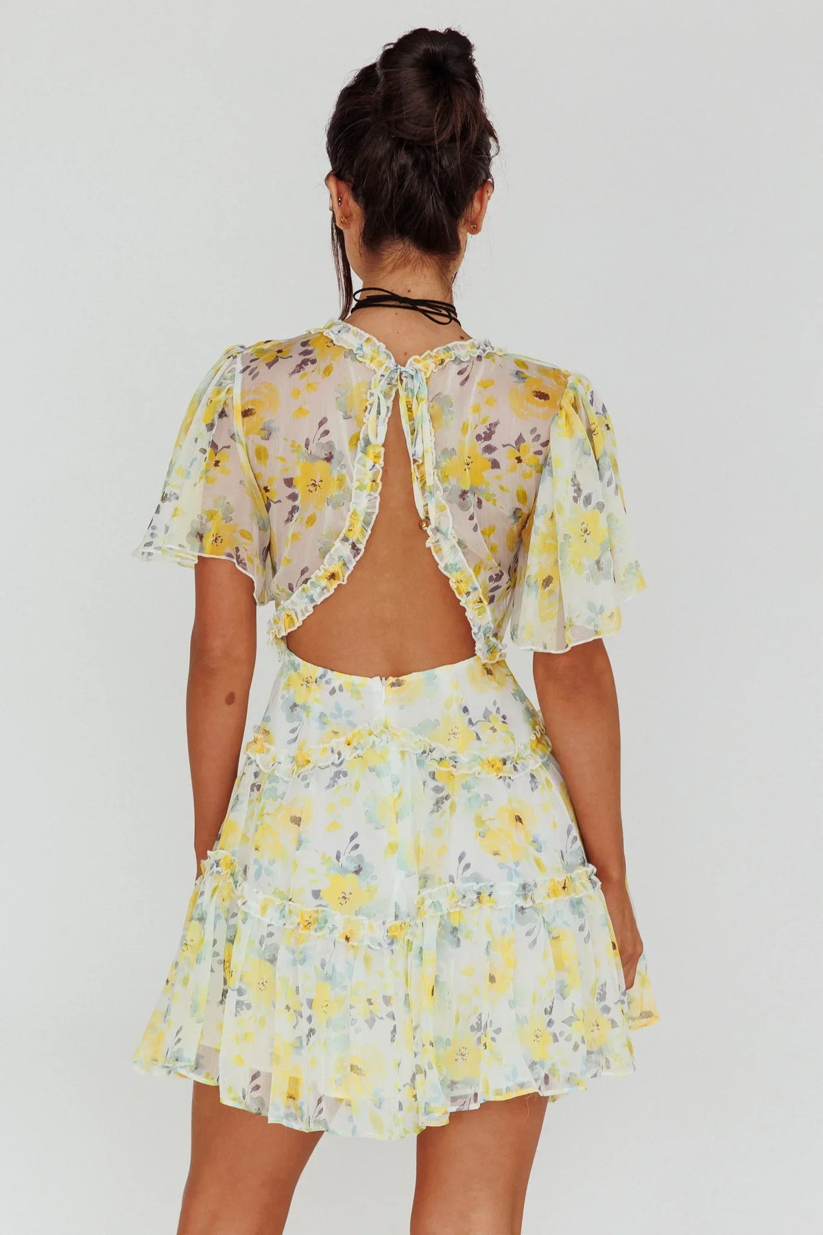 Tres Chic Flutter Sleeve Cut-Out Dress Floral Yellow