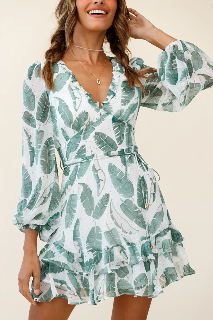 Tozzi Long Balloon Sleeve V-Neckline Dress Feather Print White