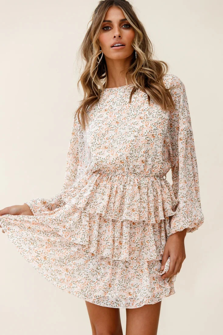 Odessa Long Sleeve Layered Ruffle Dress Floral Print Nude