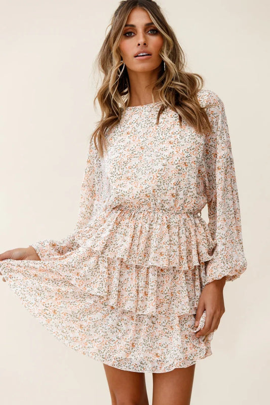 Odessa Long Sleeve Layered Ruffle Dress Floral Print Nude