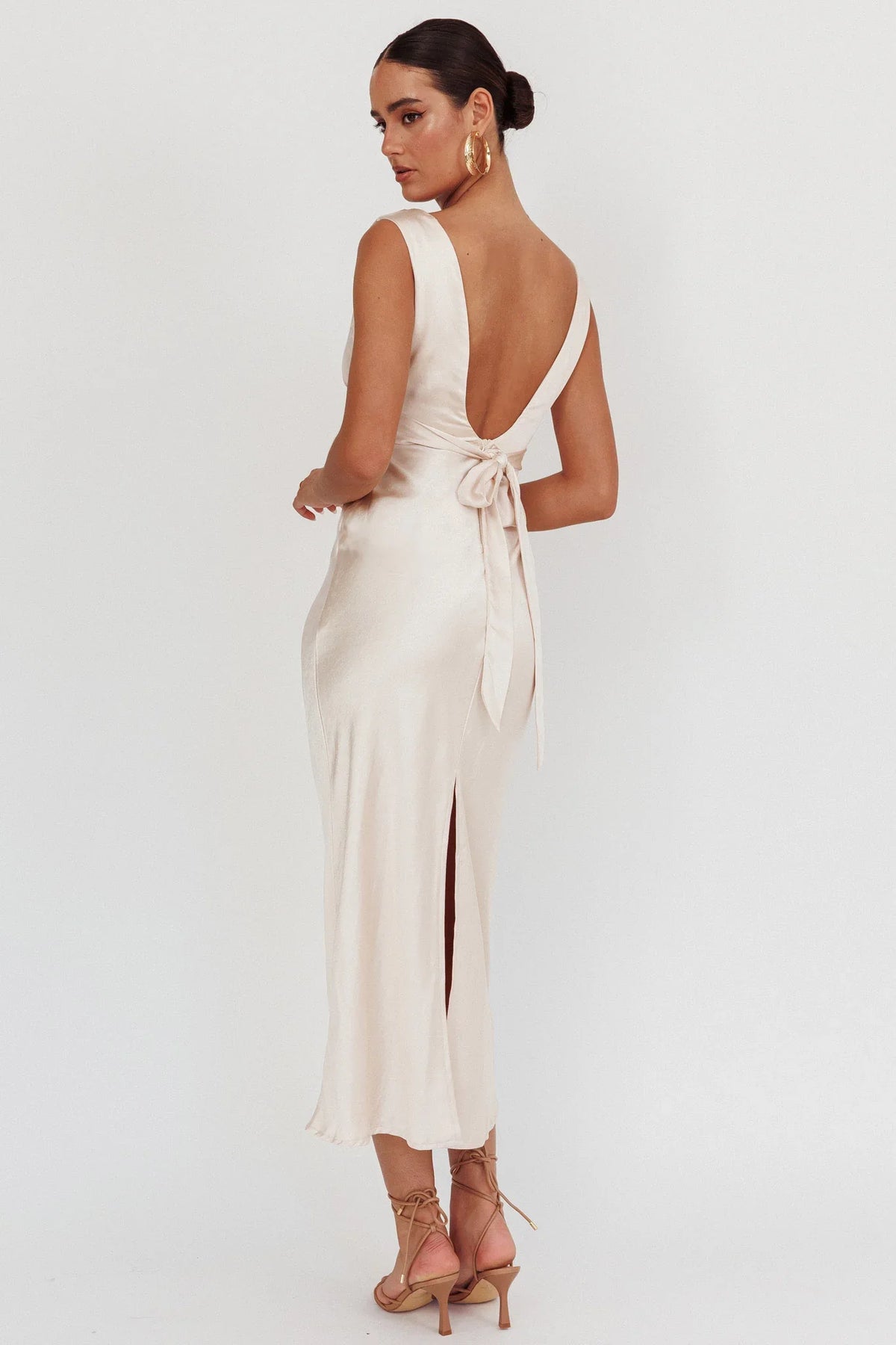 Leila V-Neck Low Back Satin Midi Dress Ivory