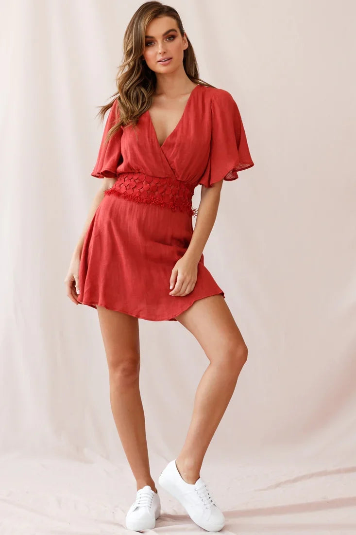 Fate Angel Sleeve Embroidery Trim Dress Rose
