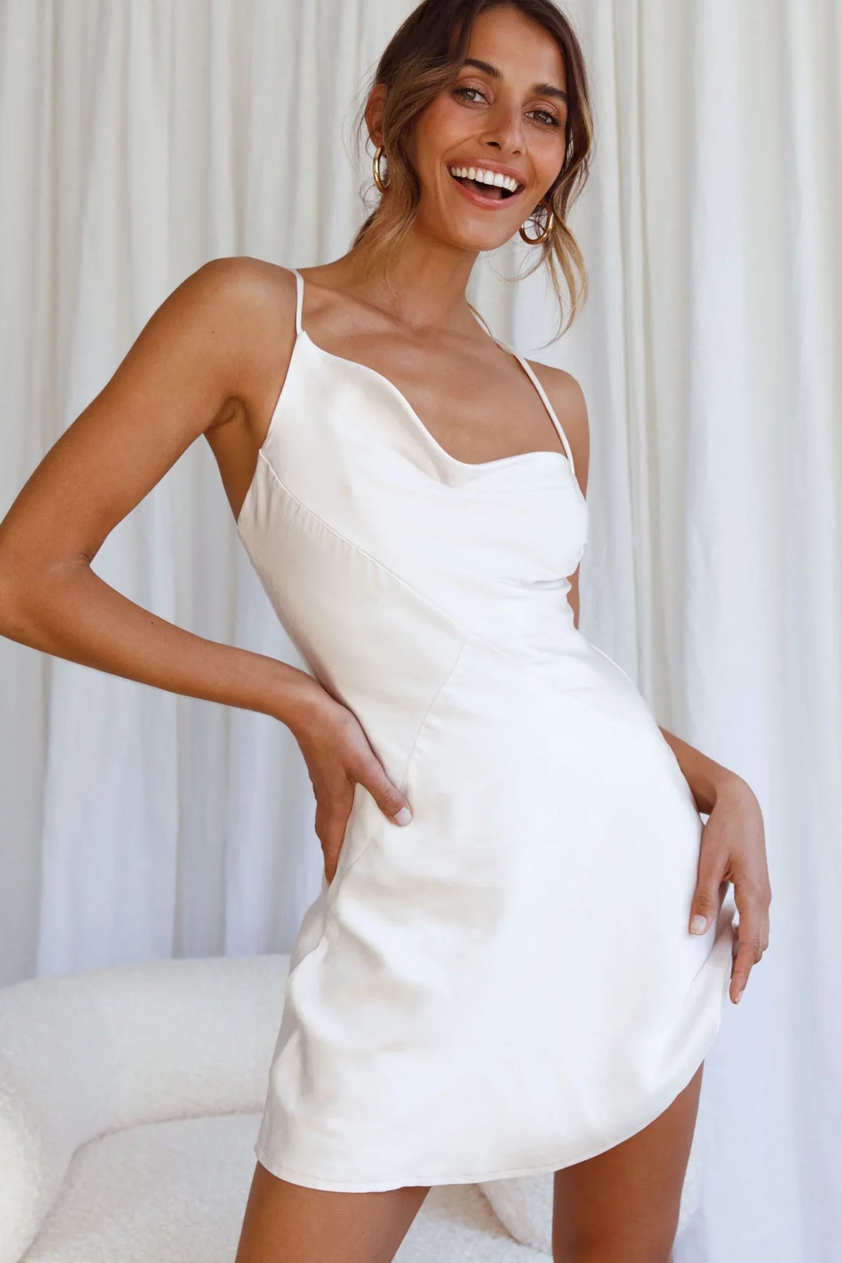 Sorrento Asymmetrical Neckline Mini Slip Dress Champagne