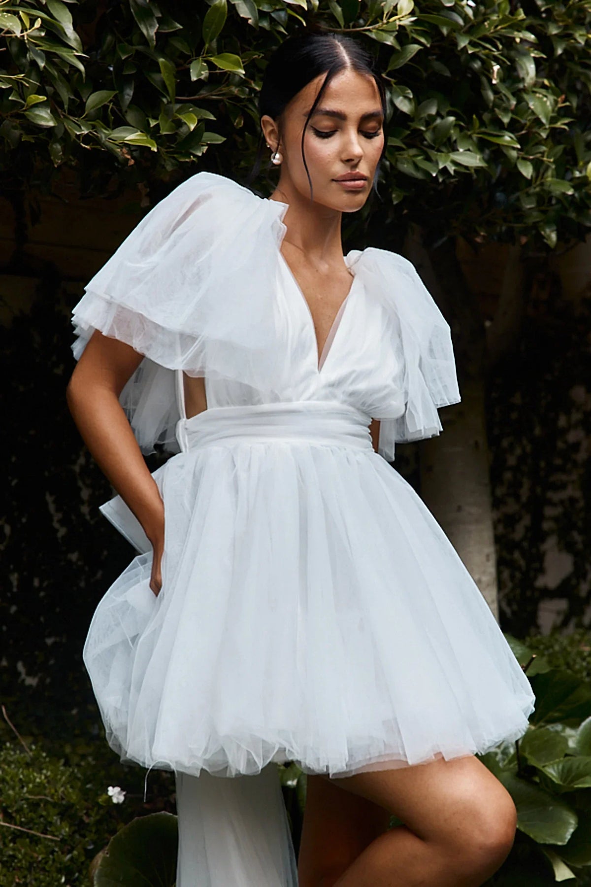 Star Power Tulle Train Mini Dress White