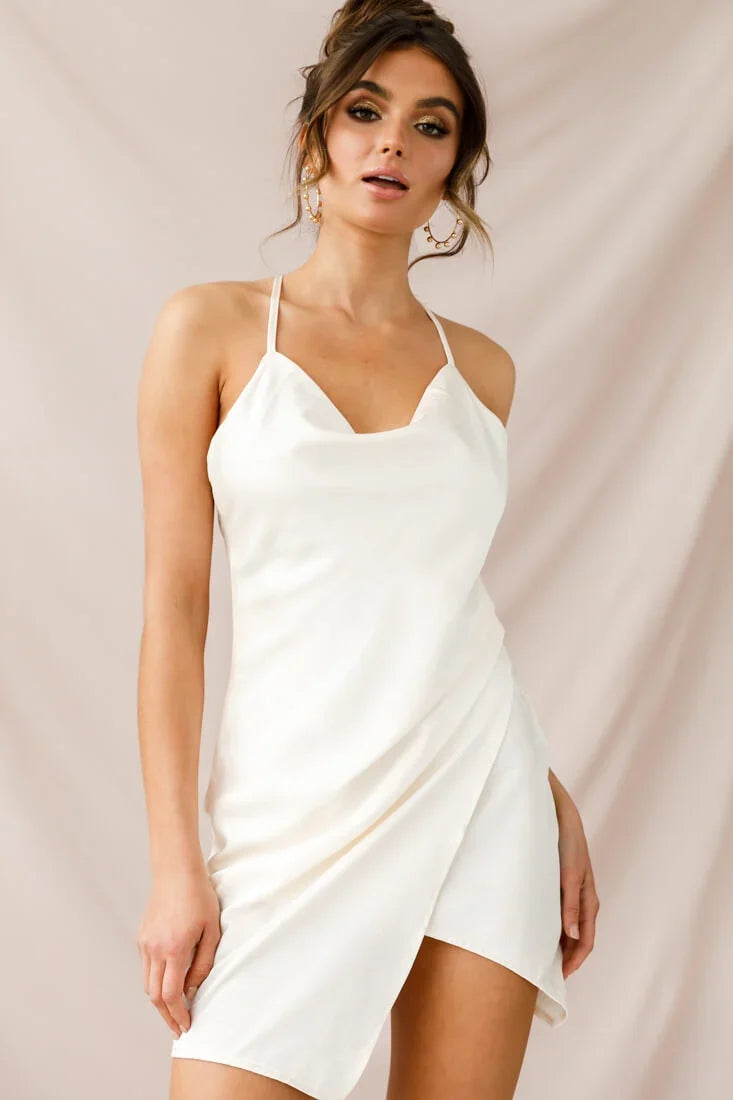 Hey Girl Cowl Neck Wrap Front Dress White