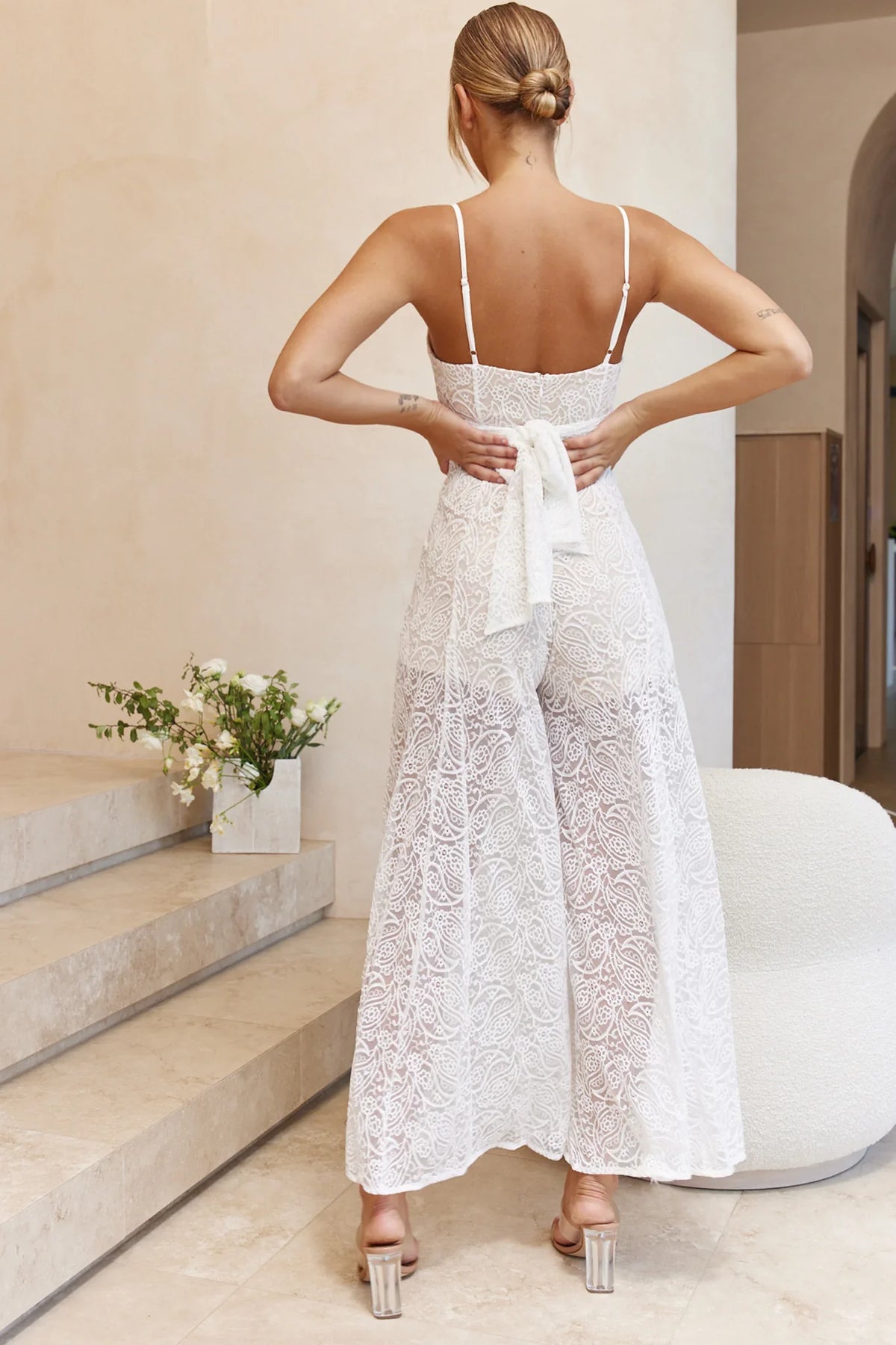 Just Like Heaven Crossover Bust Wide Leg Lace Jumpsuit White