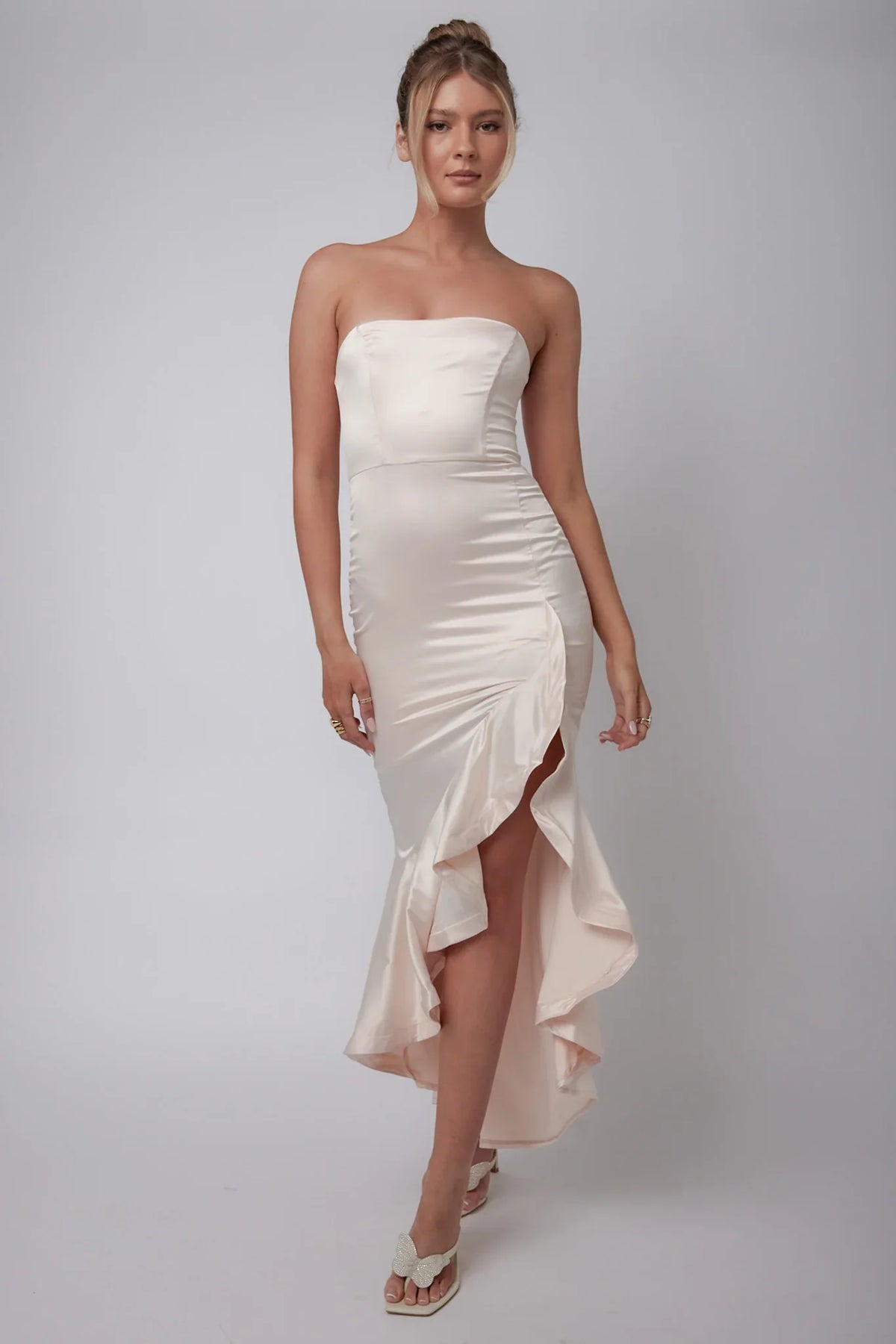 Diony Strapless Ruffle Hem Midi Dress Oyster