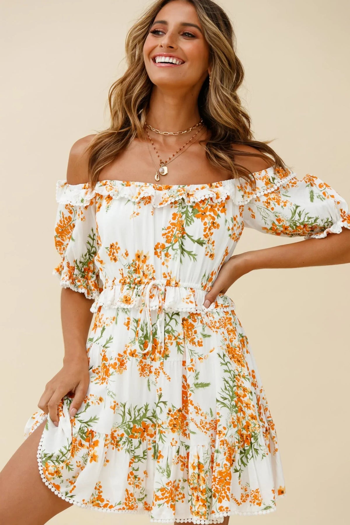 Sierra Bonita Off-Shoulder Drawstring Waist Dress Floral Print Orange Multi