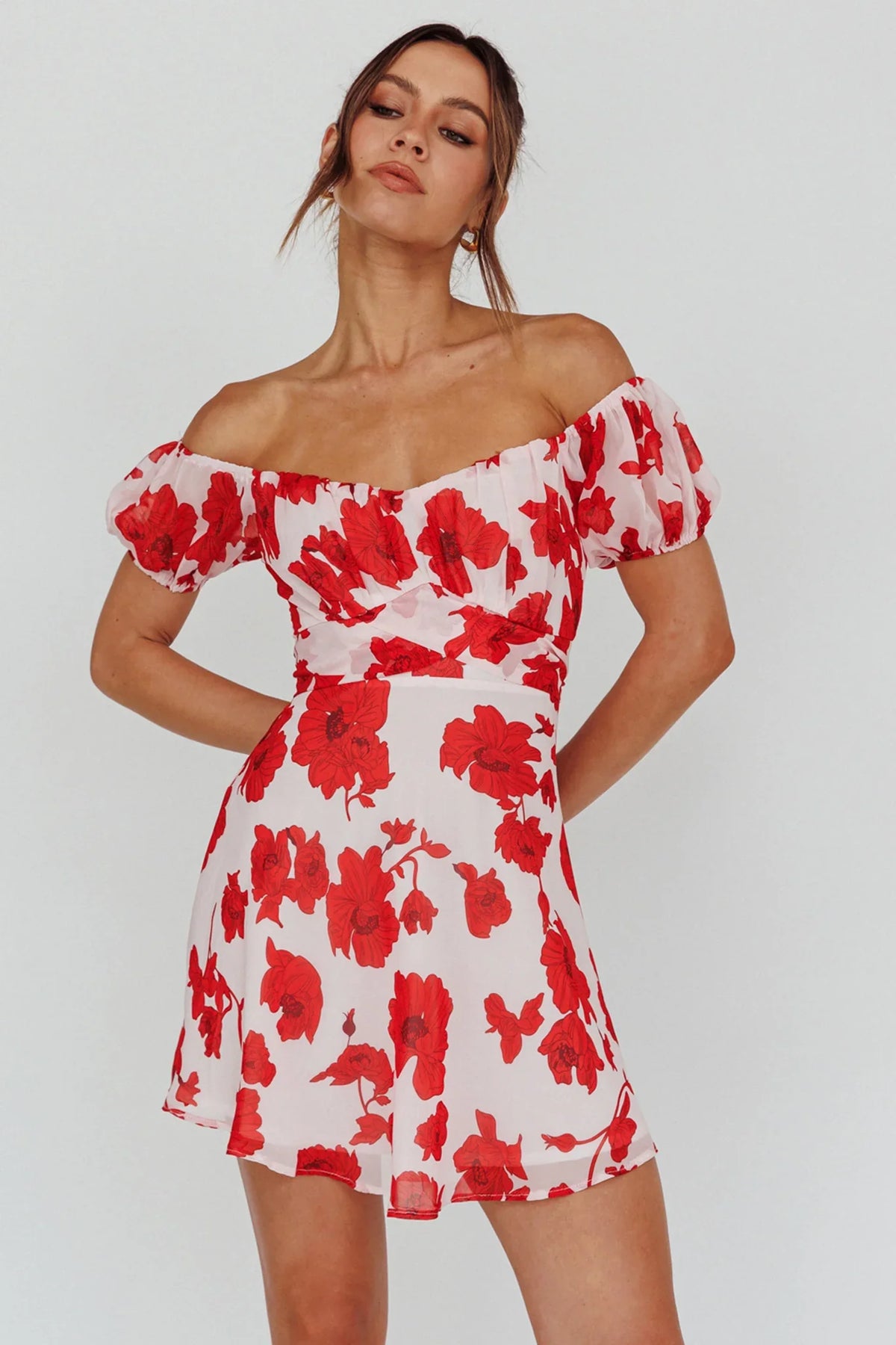 Linka Puff Sleeve Waist Tie Dress Floral Red