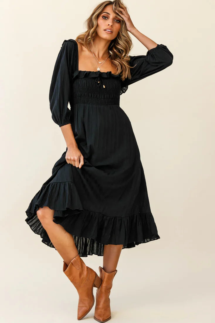 Flynn Off-Shoulder Shirred Bust Midi Dress Black