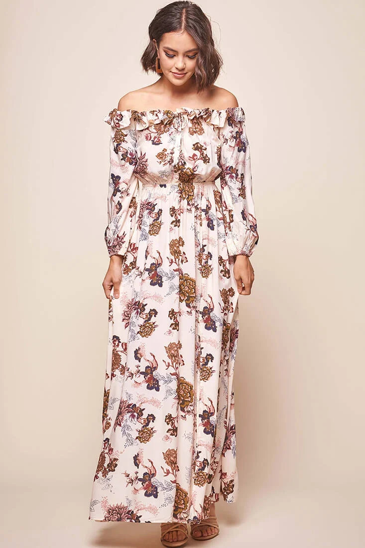 Tatiana Bardot Frill Neckline Maxi Dress Mocha