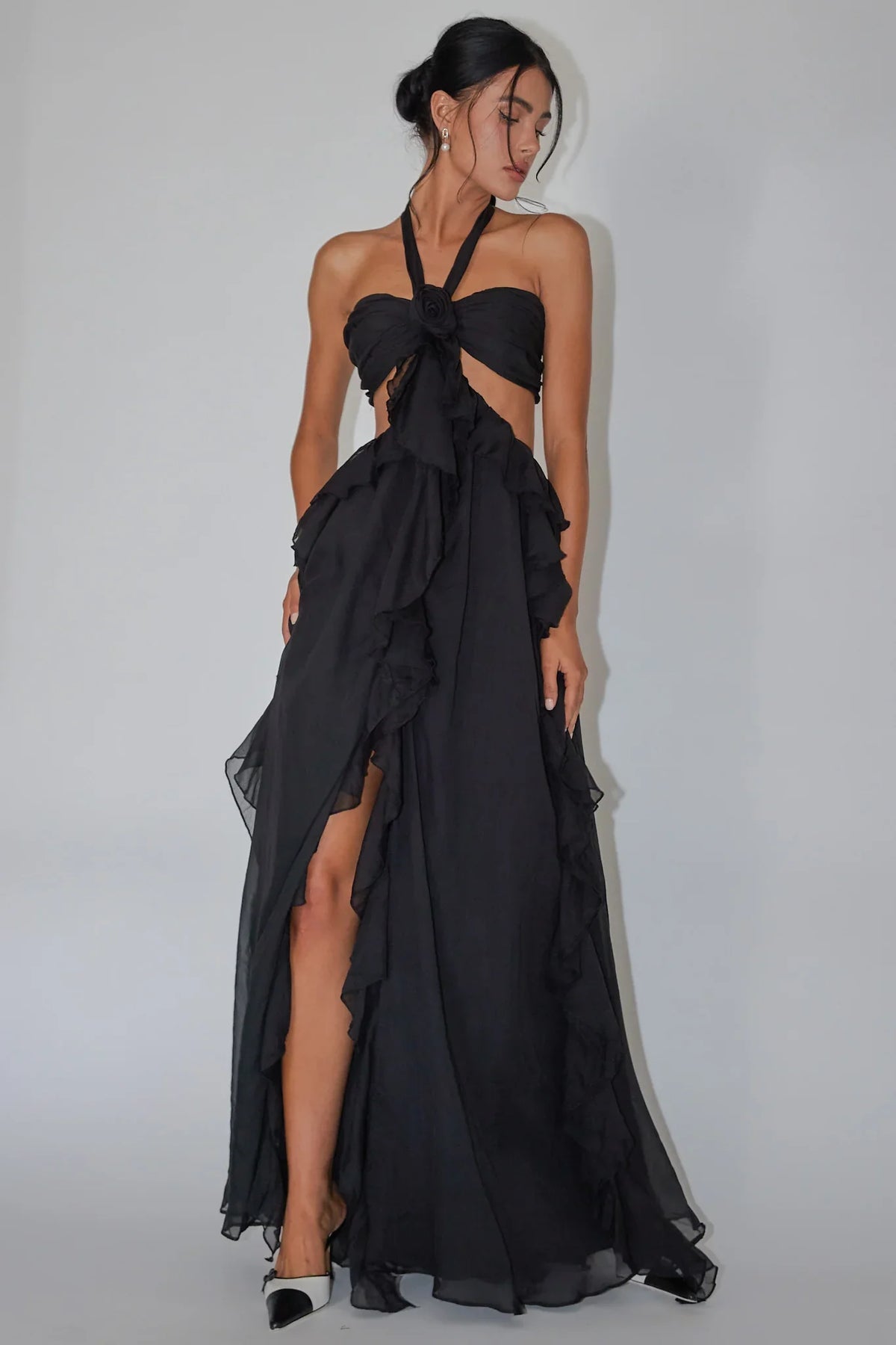 Santiago Cut-Out Ruffle Maxi Dress Black