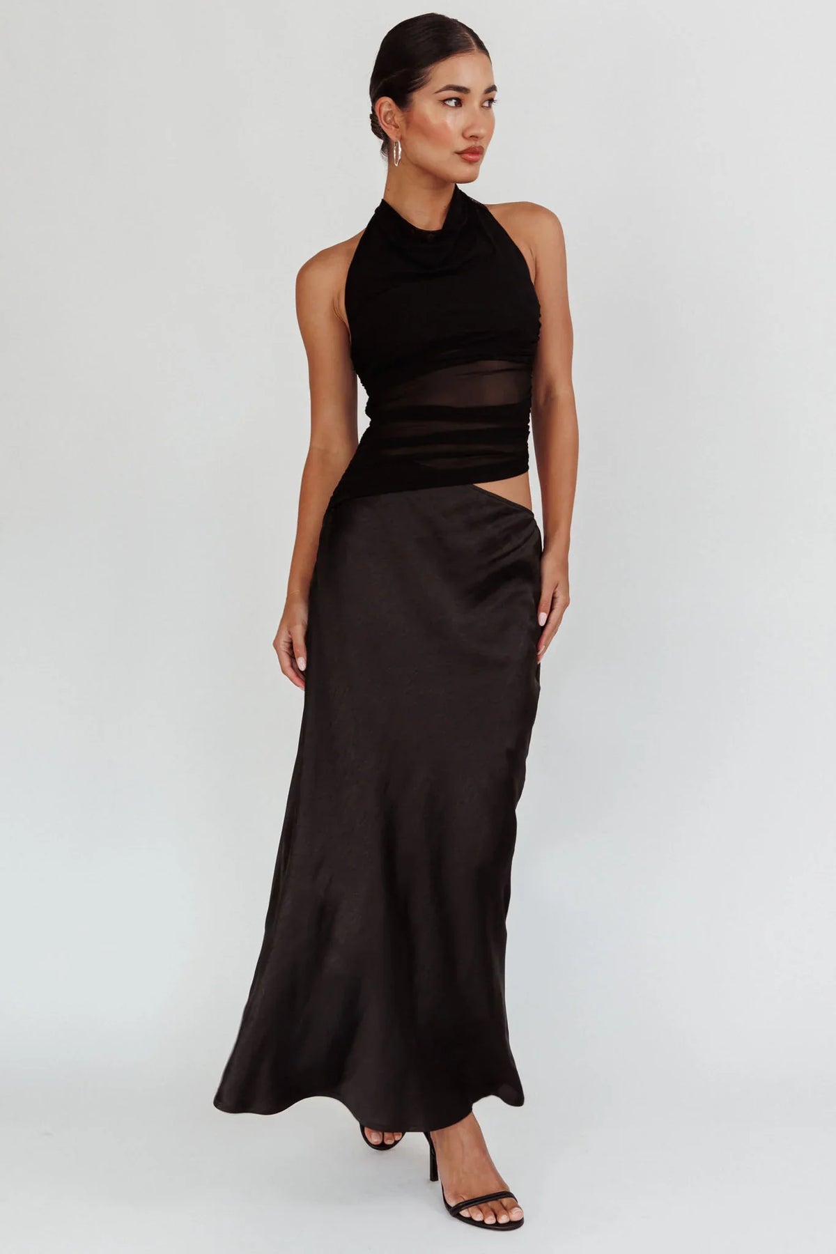 Lorely Ruched Bodice Halterneck Maxi Dress Black