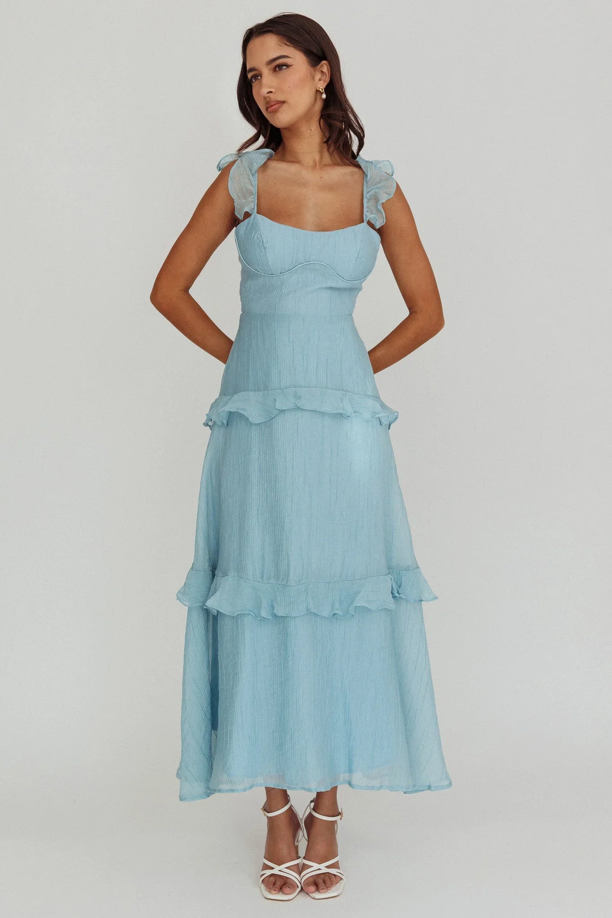 Moonlit Moment Ruffle Trim Lace-Up Back Maxi Dress Blue