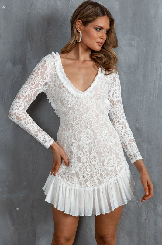 Isabella Long Sleeve Open Back Lace Dress White