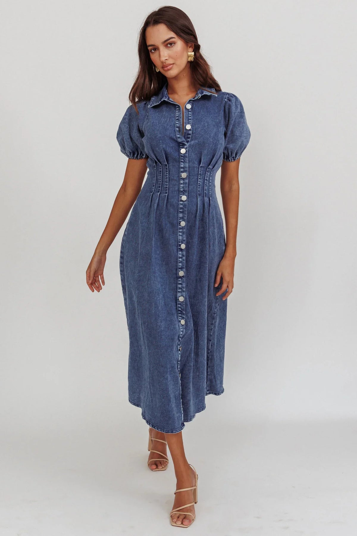 Zurich Pleated Waist Midi Dress Denim Dark Blue