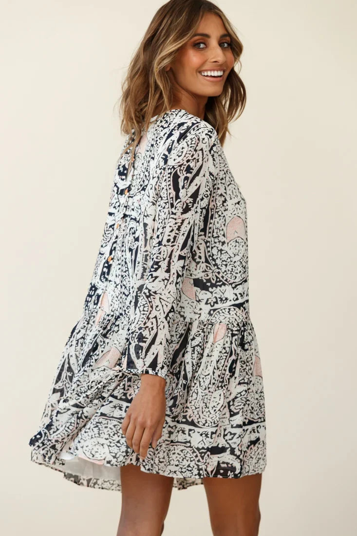 Mina Long Sleeve Button Back Shift Dress Ornate Print Navy