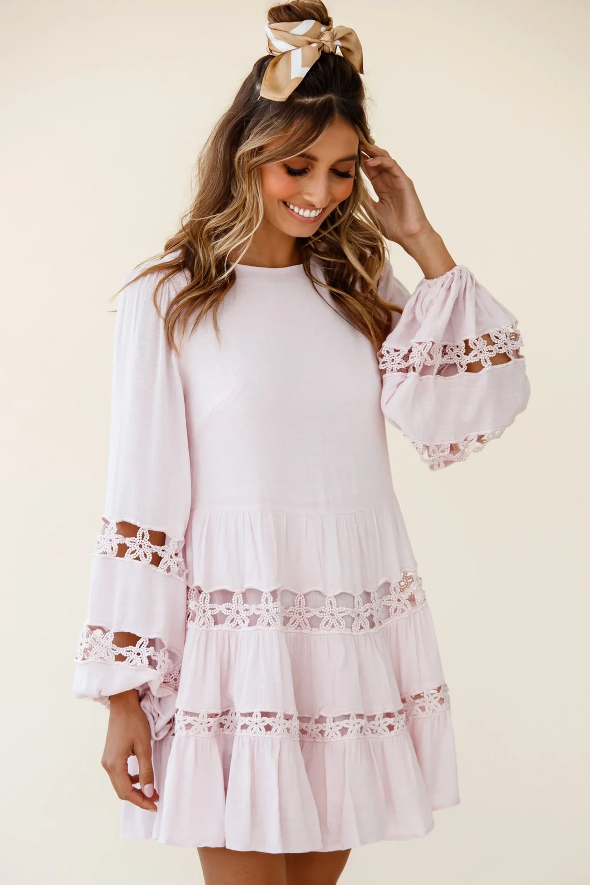 Miles Away Long Balloon Sleeve Trim Insert Dress Pink