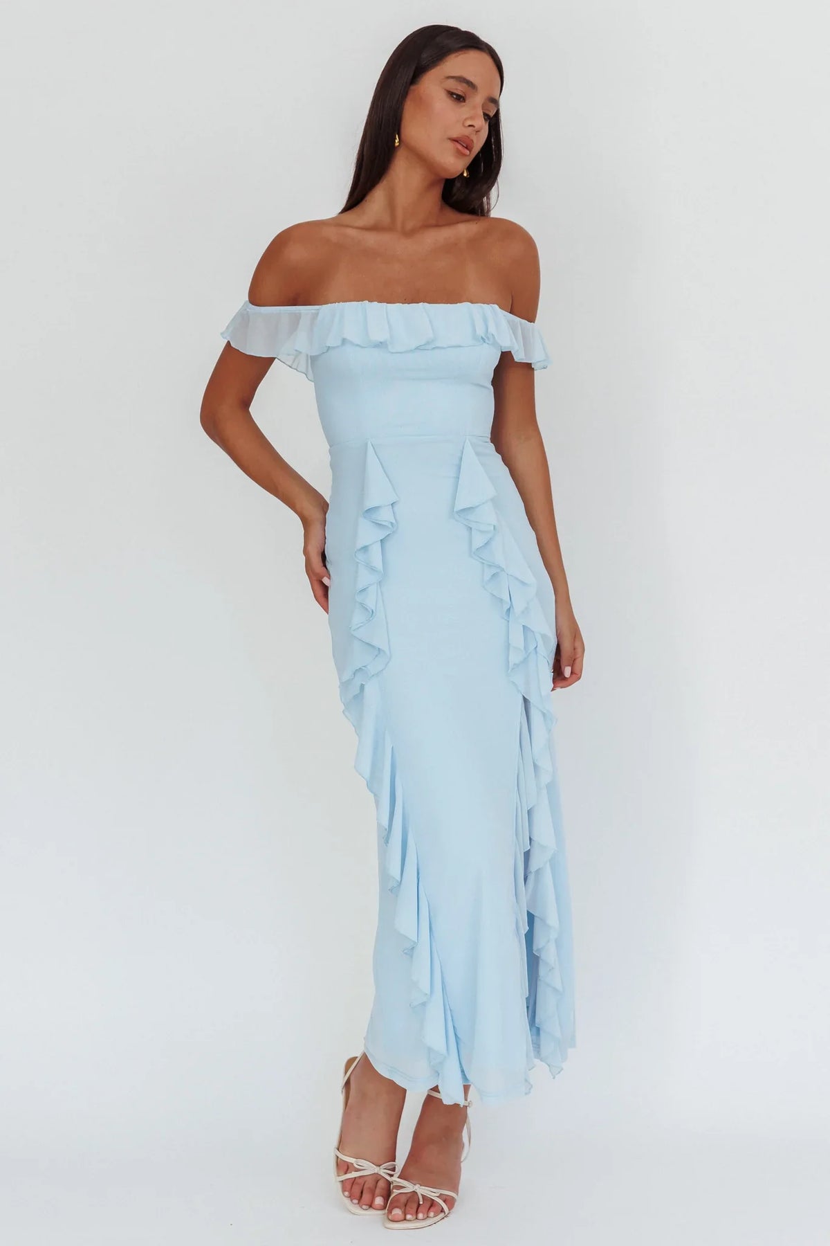 Flamenco Off-Shoulder Ruffle Maxi Dress Blue