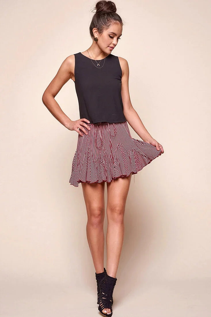 Robyn Pleated Striped Mini Skirt Burgundy