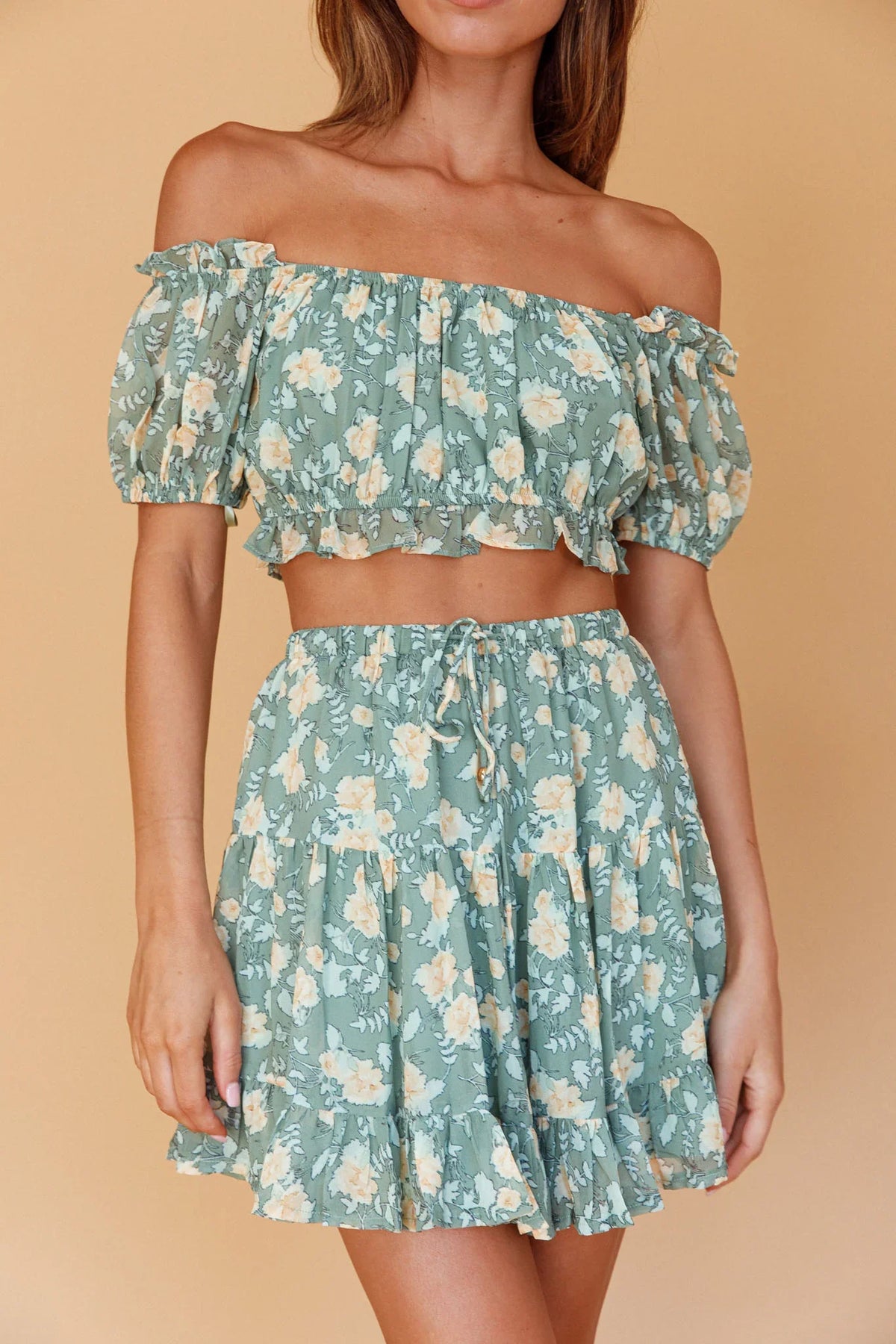 Archana Puff Sleeve Crop Top Floral Green