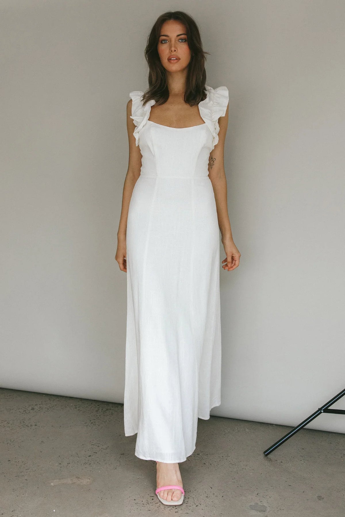 Bronte Ruffle Strap Midi Dress Cream