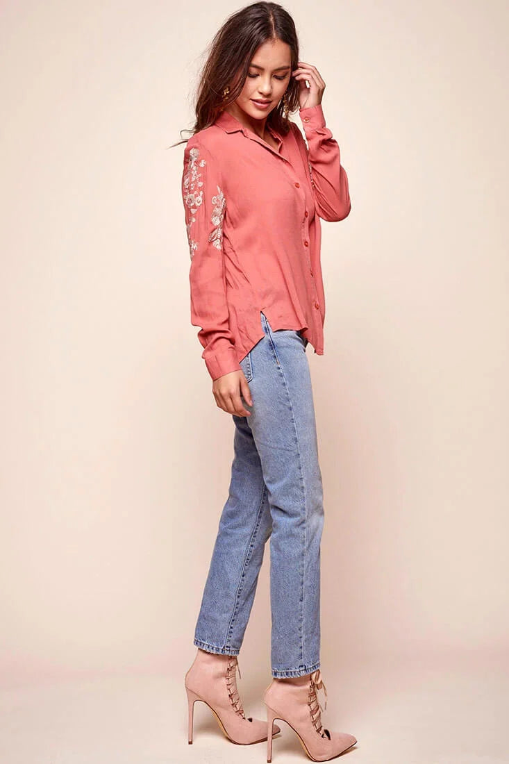 Issa Floral Sleeved Button Up Top Rust